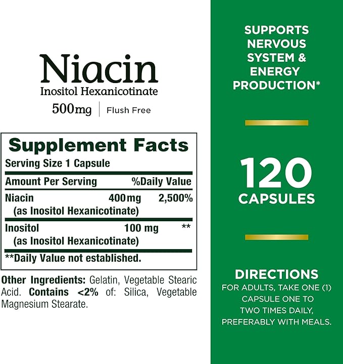 Nature's Bounty Niacin 500mg Flush Free, Cellular Energy Support, Supports Nervous System Health, 120 Capsules (Pack of 3)