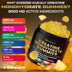 Creatine Monohydrate Gummies for Men & Women, 9000MG Creatine Gummies Sugar Free with L-Taurine, BCAA 2:1, B12 B6 for Boost Strength, Focus & Endurance, Vegan, Non-GMO, Pineapple, 120*2 Bottle