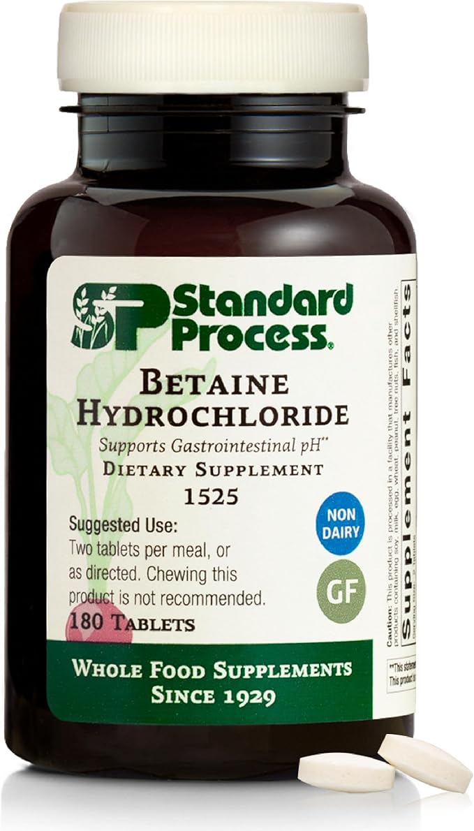 Standard Process Betaine Hydrochloride - Supplement for Gastrointestinal pH Support - Supports Digestive Health & Iron Absorption - Gluten-Free, Non-Dairy & Non-Soy - 180 Tablets (90 Servings)