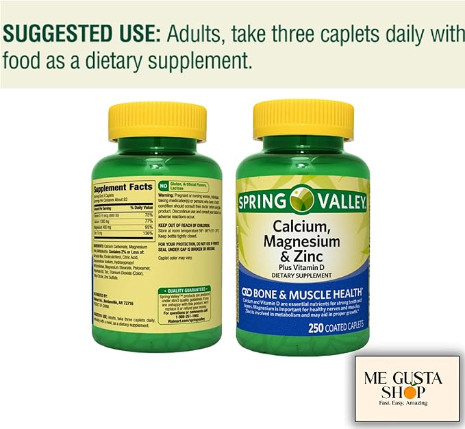Spring Valley Calcium, Magnesium & Zinc Plus Vitamin D3 Coated Caplets, 250 Count (Pack of 2) 500count Total + me Gusta Sticker