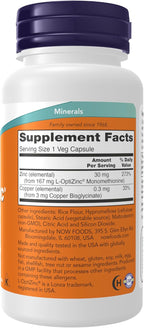 NOW Foods Supplements, L-OptiZinc® 30 mg with Copper, Highly Bioavailable Form, Immune Support*, 100 Veg Capsules