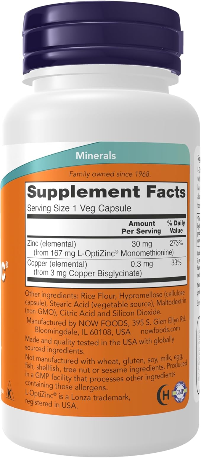 NOW Foods Supplements, L-OptiZinc® 30 mg with Copper, Highly Bioavailable Form, Immune Support*, 100 Veg Capsules