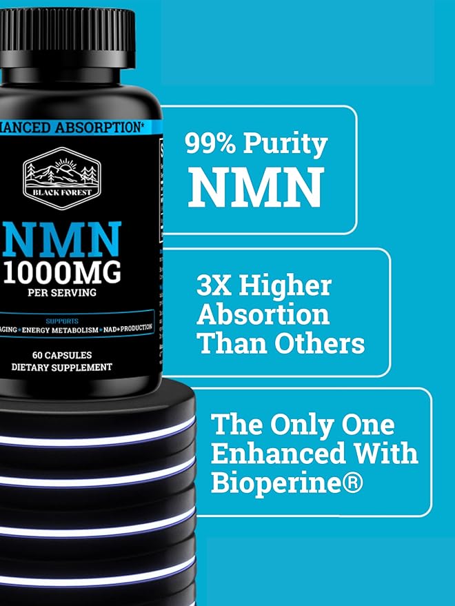 Black Forest NMN Supplements 1000mg (Nicotinamide Mononucleotide) 99% Pure, Stabilized Form, BioPerine® for Enhanced Bioavailability (60 Capsules) (NMN 1000mg per Serving) NAD Supplement for NAD