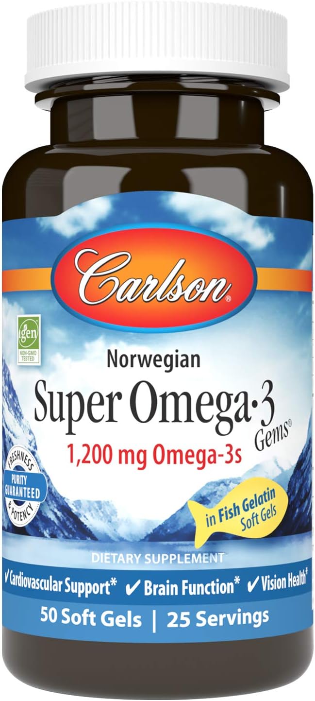 Carlson - Super Omega-3 Gems, 1200 mg Omega-3s, Norwegian, Cardiovascular Support, Brain Function & Vision Health, 50 soft gels