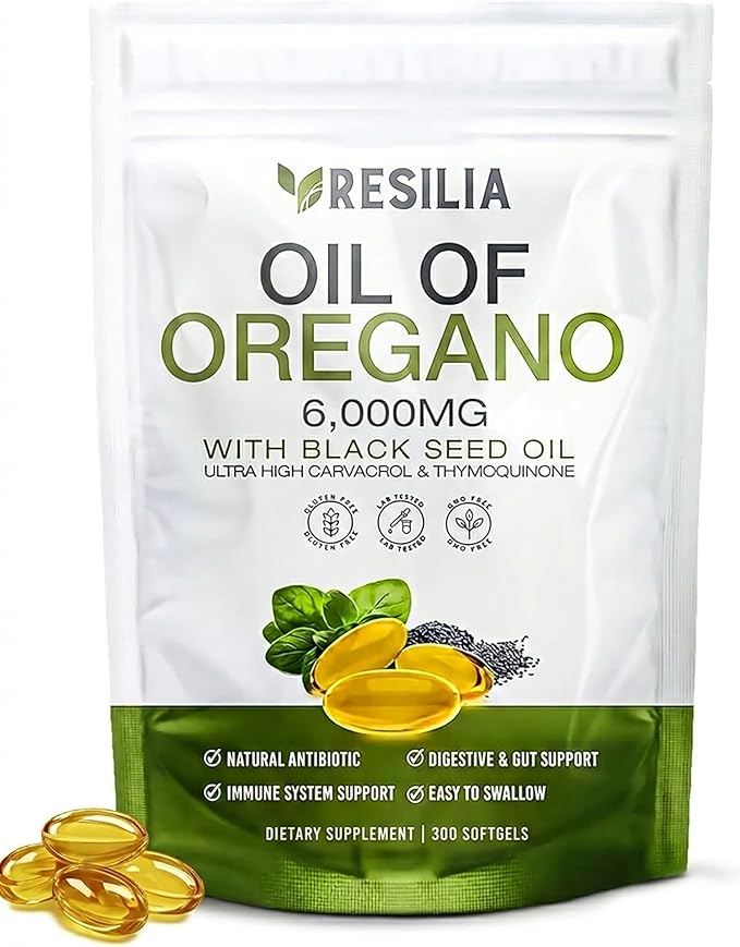 Resilia Softgels with Black Seed Oil 6000mg – Organic Oregano Oil Capsules for Immune & Digestive Support – Non-GMO, Gluten-Free Softgels – Natural Herbal Wellness Supplement (300 Count)