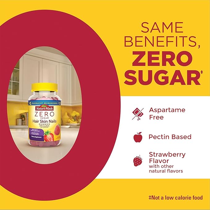 Nature Made Zero Sugar Hair Skin Nails Gummies,Biotin 2500 mcg per Serving,120 Sugar Free Gummies,60 Day Supply,(Pack of 2)