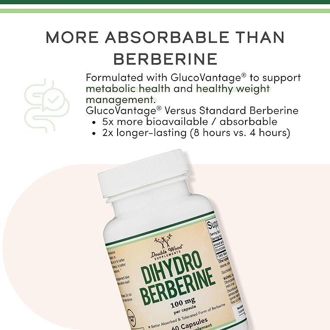 Dihydroberberine Supplement 100mg, 60 Capsules (Patented GlucoVantage Super Berberine, May be 5X More Effective Than Berberine with Less Side Effects) Third Party Tested, Vegan Safe by Double Wood