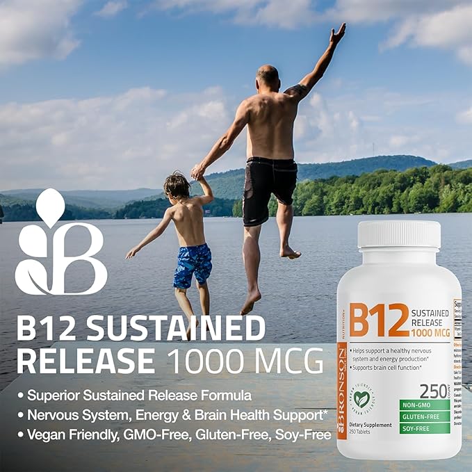 Bronson Vitamin B12 1000 mcg Sustained Release Premium Non GMO Tablets Supports Nervous System, Healthy Brain Function and Energy Production, 180 Tablets