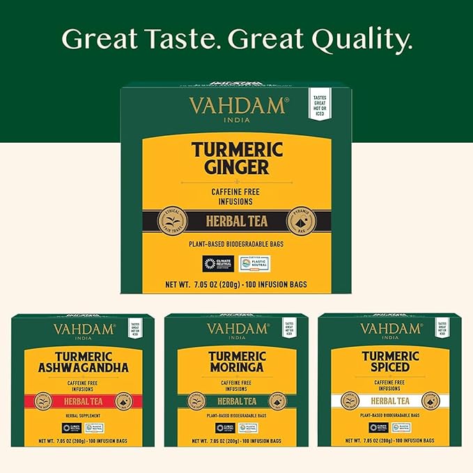 VAHDAM Organic Turmeric Ginger Herbal Tea Bags (100 Pyramid Tea Bags) Caffeine Free, Non GMO | 100% Pure Herbal Blend - Savory & Spicy, Plant-Based Teabags | Resealable Ziplock Pouch