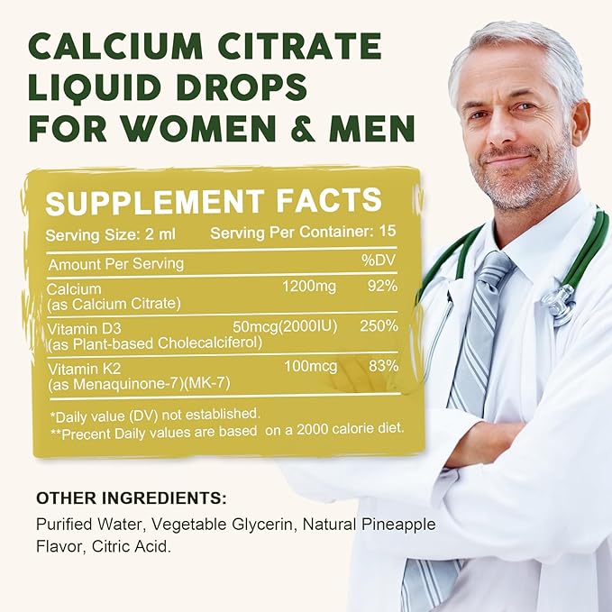 Calcium Citrate Liquid Drops, Calcium Citrate 1200 mg with Vitamin D3 & K2 Supplements for Women & Men, High Absorption for Support Bone Muscle & Teeth Health - Pineapple Flavor - 4 pc - 30 ml Each