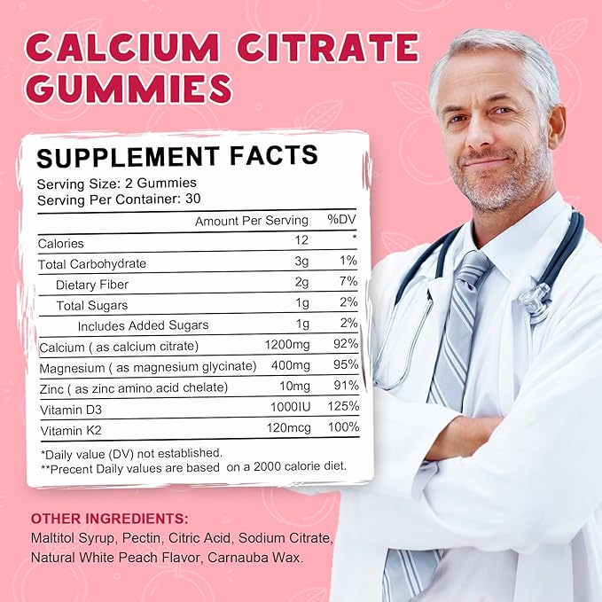 Calcium Citrate 1200mg with Vitamin D3 Gummies, Calcium Gummies with Vitamin D3 for Women & Men, Cal Magnesium Zinc for Bone Muscle Healthy- Natural White Peach Flavor- 30 Day Supply