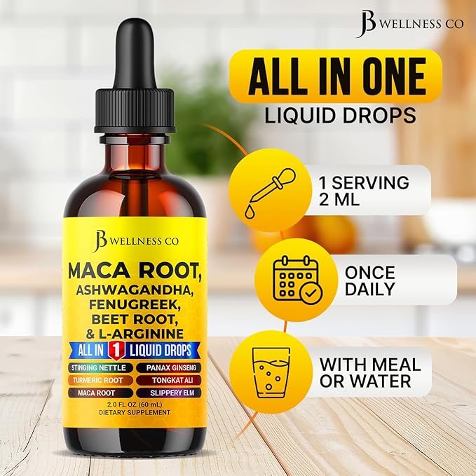 Organic Maca Root Liquid Drops with Ashwagandha, Nettle, Fenugreek, Beet Root and L-Arginine Liquid Multivitamin for Women and Men - 4oz