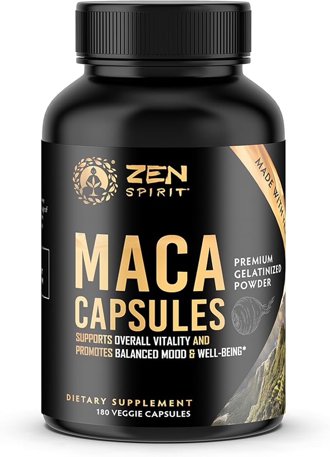 Zen Spirit Maca Root Capsules Gelatinized - Yellow, Red & Black Powder Blend - Organic & Vegan Certified - 180 Pills 500mg - Supplement for Men and Women