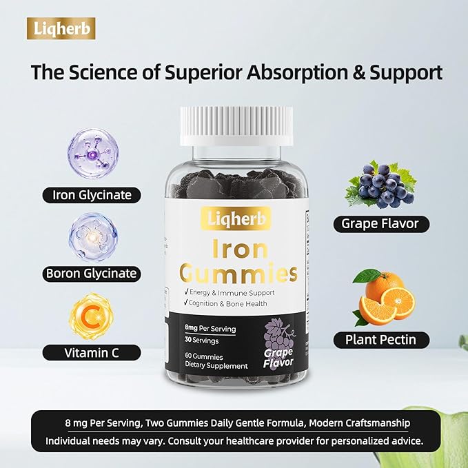 8mg Iron Supplement Gummies for Women & Men, with Boron & Vitamin C, Energy & Immune System Supports, Cognitive & Bone Health, Delicious Grape Flavor, Vegan, Non-GMO, Gluten Free, 60