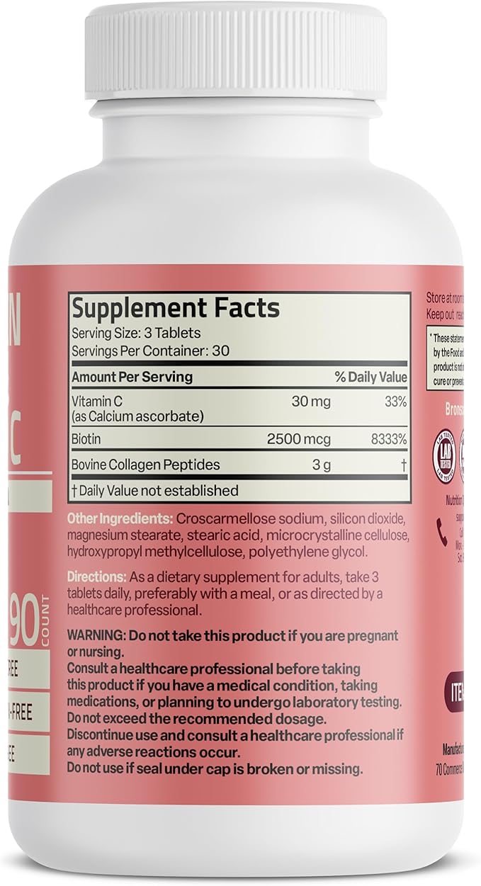 Bronson Collagen Peptides 3000mg (per Serving) with Biotin & Vitamin C - for Hair, Skin & Nails Support, Non-GMO, 90 Tablets
