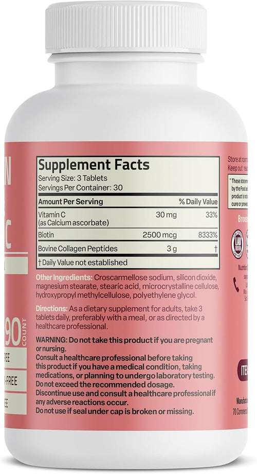 Bronson Collagen Peptides 3000mg (per Serving) with Biotin & Vitamin C - for Hair, Skin & Nails Support, Non-GMO, 90 Tablets