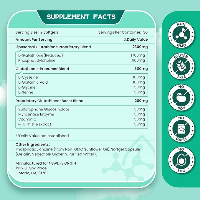 2800 MG Liposomal Glutathione Supplement, Detoxifying & Immune, Aging Defense, Energy, Glutathione Unique Formulation Reduced