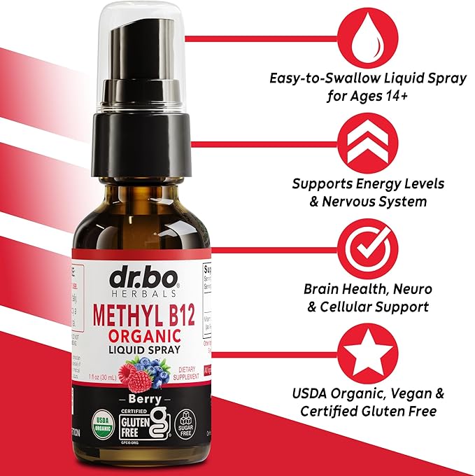 Vitamin B12 Liquid Spray Drops - Organic Liquid B12 Vitamins for Women, Men, Kids & Energy, Vegan Sublingual Methyl B 12 Spray Supplement - Organic Pure Methylcobalamin Vit B 12 Drops Vitamins 1 Fl Oz