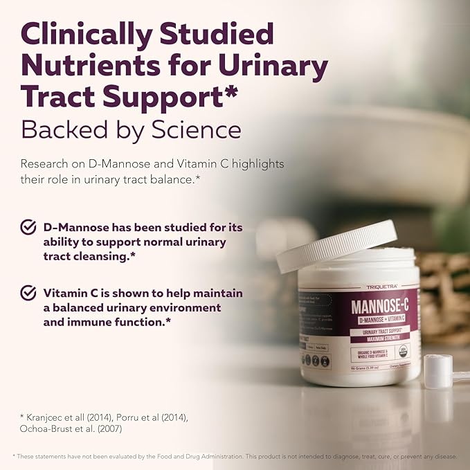 Mannose-C - Organic D Mannose Powder + Whole Food Vitamin C, Natural UTI Support Supplement to Flush & Cleanse Urinary Tract, Certified Organic Urinary Health for Women, Vegan, Non-GMO (60 Servings)