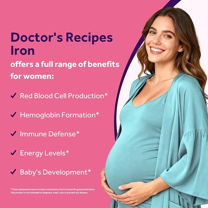 Doctor's Recipes Iron Supplement for Pregnant Women, Chelated Iron Bisglycinate, with Vitamin C for High Absorption, Gentle, Red Blood Cell Production Support, 60 Vegan Caps