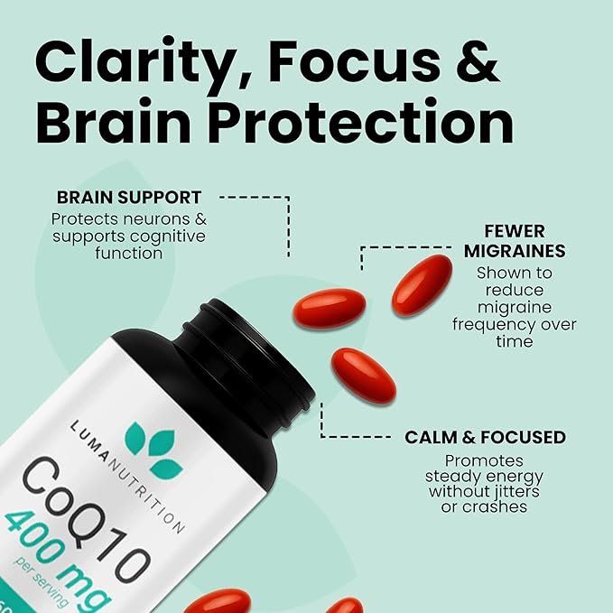 Luma Nutrition CoQ10 400mg Softgels - High-Absorption Coenzyme Q10 - Co Q-10 200mg / 400mg Per Serving - Heart Health - 60 Liquid Softgels