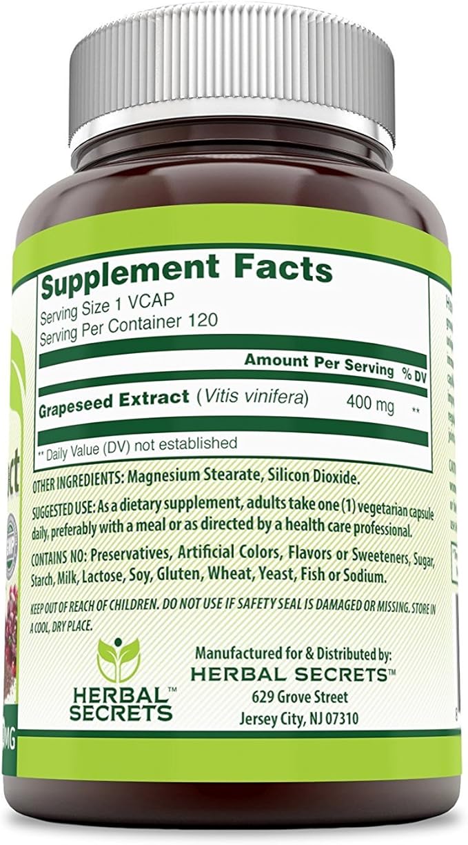 Herbal Secrets Grapeseed Extract 400 mg 120 Veggie Capsules Supplement | Non-GMO | Gluten Free (120 Count | Pack of 2)