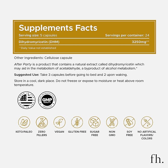 Fuller Health After Party DHM Dihydromyricetin Supplement | Supports Liver, Metabolism, Energy Levels, Post-Celebration Relief | Feel Refreshed, 650mg Per Pill | 3 Bottles, 72 Servings