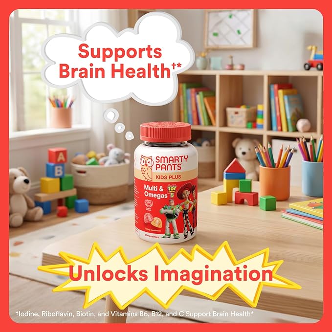 SmartyPants and Disney-Pixar’s Toy Story 5 Kids Multivitamin Gummies, Omega 3 DHA EPA, Vitamin D, C, B12, E, Zinc and Iodine, Clean Label, Gluten Free, Mixed Fruit Flavors, 30 Day Supply, 60 Gummies