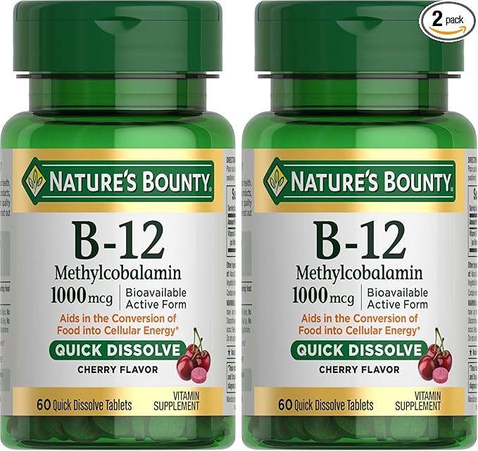 Nature's Bounty Vitamin B-12 Quick Dissolve Tablets,1000mcg,Aids in The Conversion of Food into Cellular Energy,Cherry Flavor,60ct,(Pack of 2)