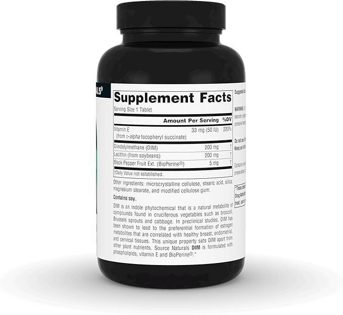 Source Naturals DIM, Diindolylmethane 200mg with BioPerine, Vitamin E & More - 120 Tablets