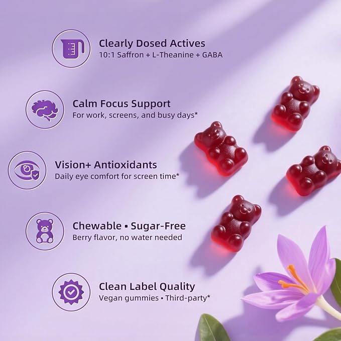 Lukaree 10-in-1 Saffron Gummies Supplements for Mood, Focus & Eye Support with L-Theanine 200mg, GABA, Ashwagandha, Lutein, Zeaxanthin & Astaxanthin, Sugar Free, Vegan, Berry Flavor, 60 Count
