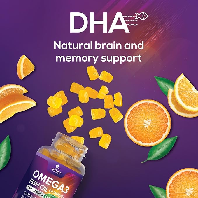 Omega 3 Fish Oil Gummies - 3X Strength Heart Health Support, High Absorption Omega 3 Fish Oil Gummy Supplement with DHA & EPA, Joint & Brain Support for Adults, Delicious Orange Flavor- 60 Gummies