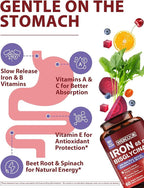 Iron Supplement for Women & Men, 65mg Ferrous Bisglycinate Chelate, Slow Release Iron with Vitamins A C E B6, B12, Folate, Organic Spinach & Beet Root Powder, for Blood Flow & Energy Support, 120 Caps