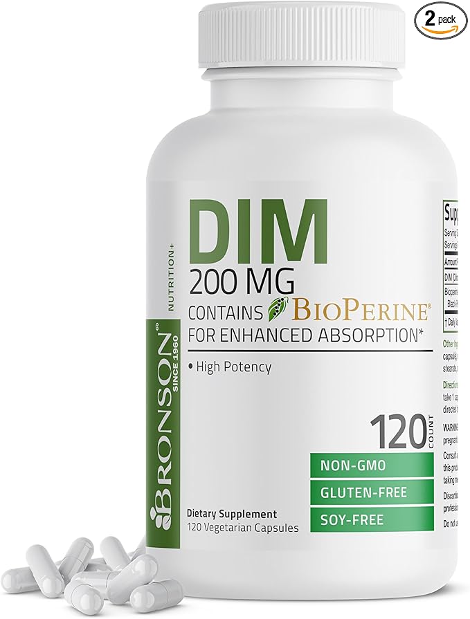 Bronson DIM Supplement 200 MG Diindolymethane with BioPerine for Enhanced Absorption, Estrogen Metabolism & Maintains Balanced Hormone Levels, 120 Vegetarian Capsules