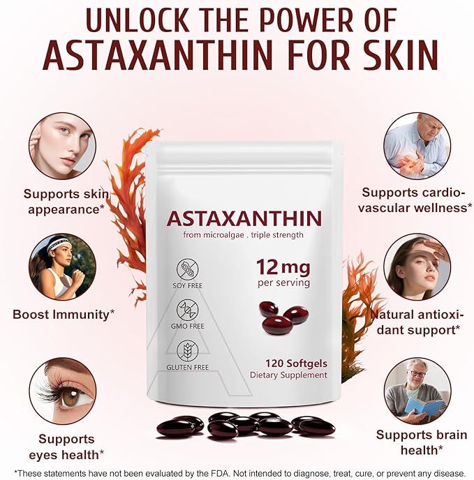 2 Pack Astaxanthin 12mg,Premium Astaxanthin Antioxidant Supplements with Antioxidant Activity, Supports Eye, Immune, Joint, Skin Health, Internal Circulation