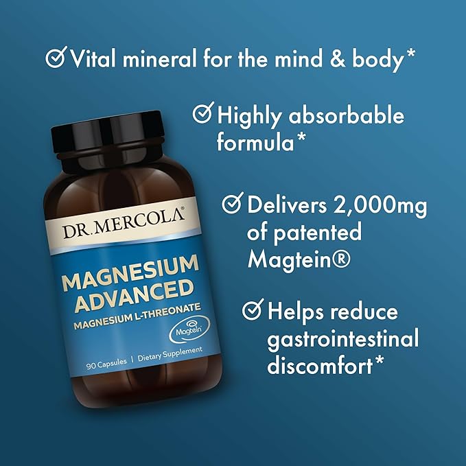 Dr. Mercola Magnesium Advanced - 2,000 mg Magtein Magnesium L-Threonate - Supports Brain & Cellular Function - Superior Absorption - Non-GMO, Gluten-Free & Soy-Free - 90 Capsules (2 Pack, 60 Servings)