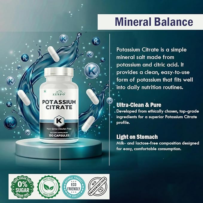 Potassium Citrate 800mg – 150 Veg Capsules | Provides 306mg Elemental Potassium per Serving | Supports Electrolyte Balance & Daily Wellness | Non-GMO, Gluten-Free Mineral Supplement