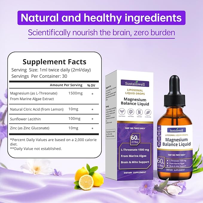 Magnesium L-Threonate Liquid Drops 1500mg High Absorption Brain Supplement for Memory Focus Sleep Sugar Free Vegan 2.04 Fl Oz,GMP Certification Applies to Both Kids and Adults.