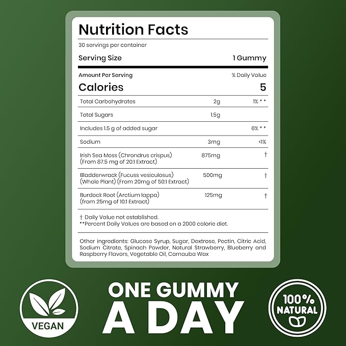 Cured Sea Moss Gummies | Made in America w/Raw Sea Moss, Bladderwrack, & Burdock Root | Potent Seamoss Gummies for Immune, Gut, & Skin Health | 3X Stronger Than Gel | 30 Day Supply