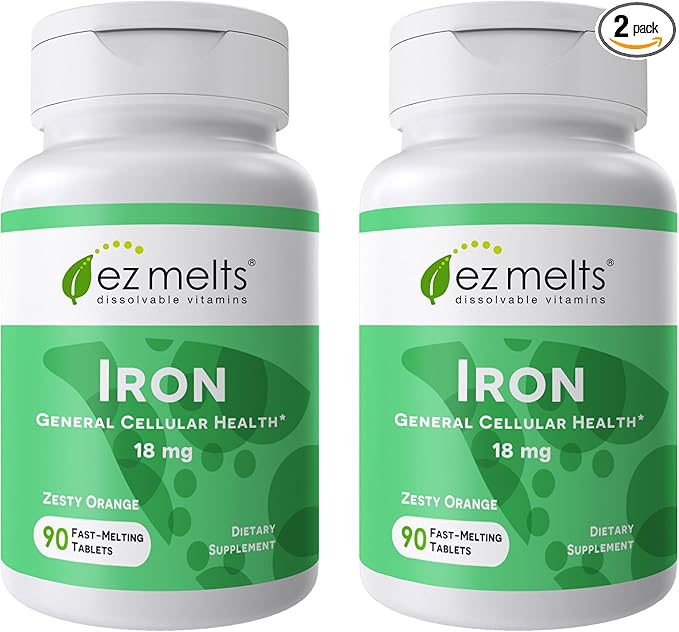 EZ Melts Iron - Supplement for Daily Energy & Iron Support - with Vitamin C - No Artificial Flavors - Non-GMO & Vegan - Zesty Orange - 180 Dissolvable Tablets (180 Servings)