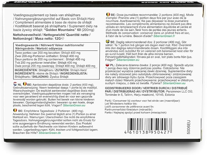 Siberian Green Premium Pure Shilajit Dry Drops Altai Golden Mountains - 60 Count (200 mg) Authentic Safety & Quality Certificate - US Lab Tested Fulvic Acid