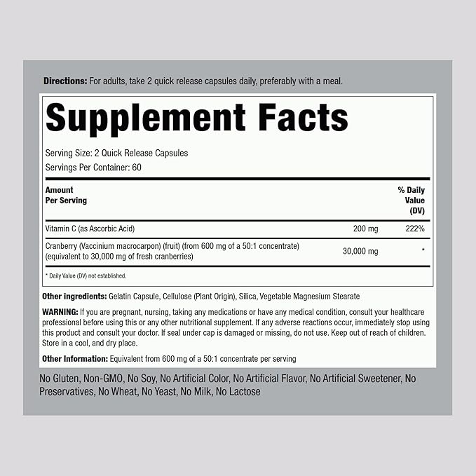 Piping Rock Cranberry Pills | 120 Capsules | Supplement for Women & Men | Triple Strength Concentrate Extract Plus Vitamin C | Non-GMO, Gluten Free