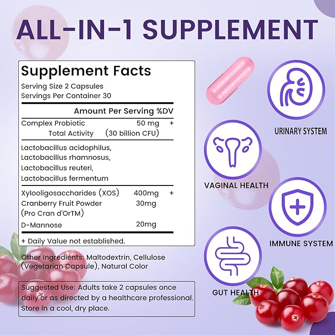 UniVitaSion Vaginal Probiotics for Women pH Balance, Lactobacillus Prebiotic Complex, Cranberry Extract, D-Mannose for Protect Vaginal Health Flora, Vaginal Odor Control - 30 Billion CFU, 60 Capsules