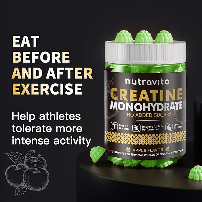 Nutravita NSF Certified Creatine Gummy - Creatine Monohydrate Gummies for Men & Women-5g of Creatine Monohydrate per Serving - Sugar Free,Vegan, Apple Flavor, 120 Count