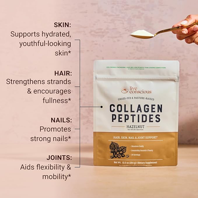 Live Conscious Collagen Peptides Powder - Hazelnut Flavored Collagen Powder - Hair, Skin, Nail, & Joint Support - Type I & III Grass-Fed Collagen Supplements for Women and Men - 30 Serving - 12.4oz