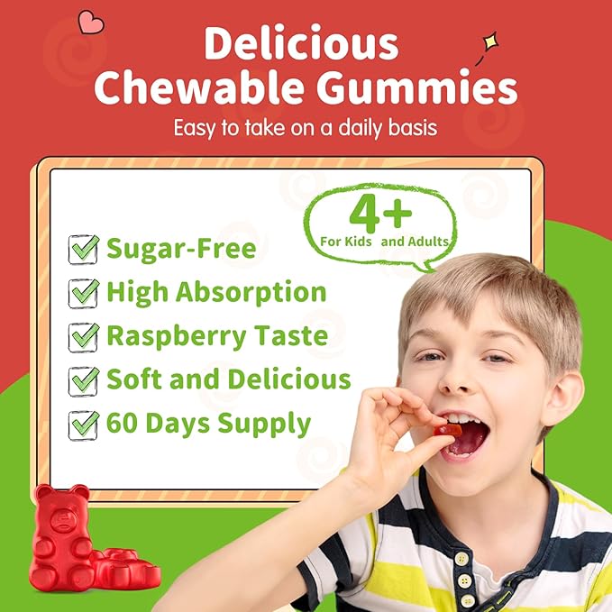 Magnesium Gummies for Kids - Magnesium Glycinate Gummies Complex with L-Theanine, Vitamin B6, D3 for Kids & Adults Calm, Sleep, Relaxation, Brain, Bones,Sugar Free Raspberry 60ct