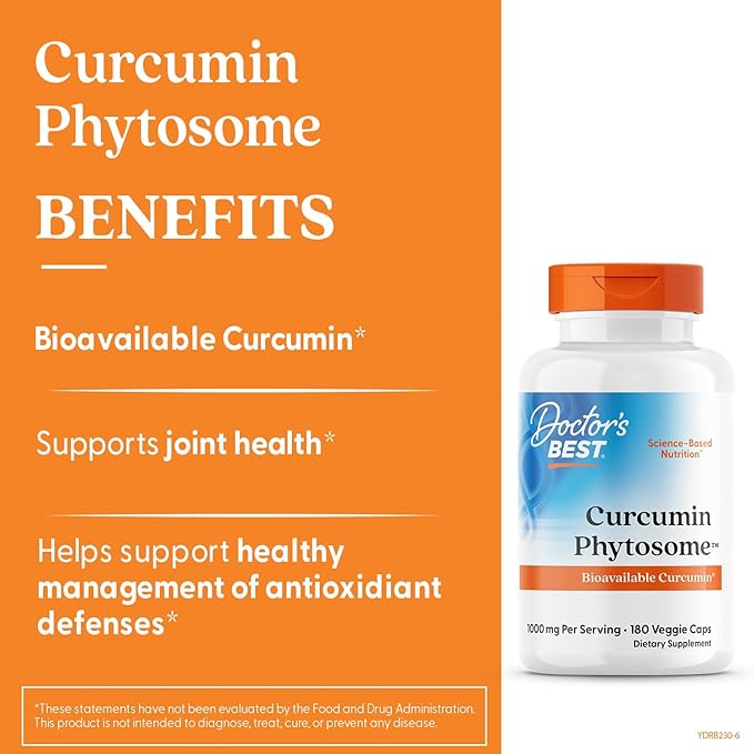 Doctors Best Curcumin Phytosome Supplement for Men & Women - Curcumin Complex Capsules 1000 mg Per Serving, Joint Health Support, Bioavailable Formula, Gluten Free, Soy Free, Vegan - 180 Veg Caps