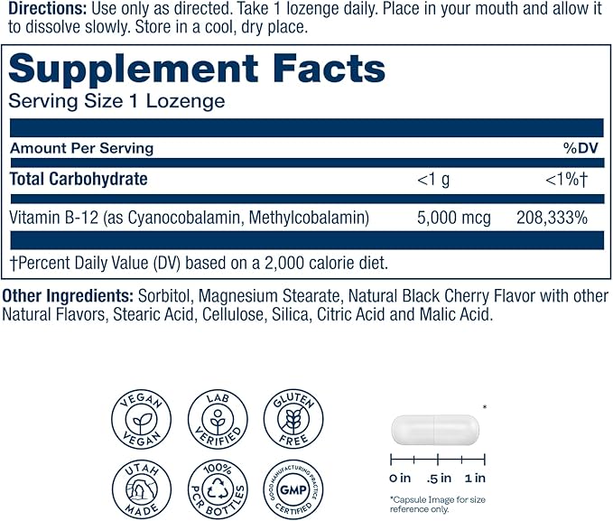 SOLARAY High Potency Vitamin B12 Lozenges 5000mcg - w/Methylcobalamin (Methyl B12), Nerve Function and Cellular Energy Support, Natural Black Cherry, Vegan, Gluten Free, 60-Day Guarantee, 30 Servings