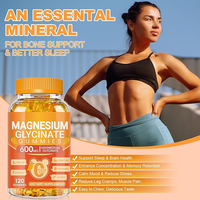 Magnesium Glycinate Gummies 600mg, Chewable Sugar Free Potassium Magnesium Supplements for Adults, Men and Women, Vitamin D, B6 and CoQ10 for Sleep, Relaxation, Brain & Muscle, 120 Gummies