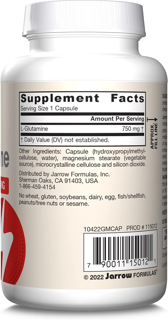 Jarrow Formulas® L-Glutamine 750 mg, Dietary Supplement, Immune and Muscle Support, 120 Veggie Capsules, Up to 120 Day Supply